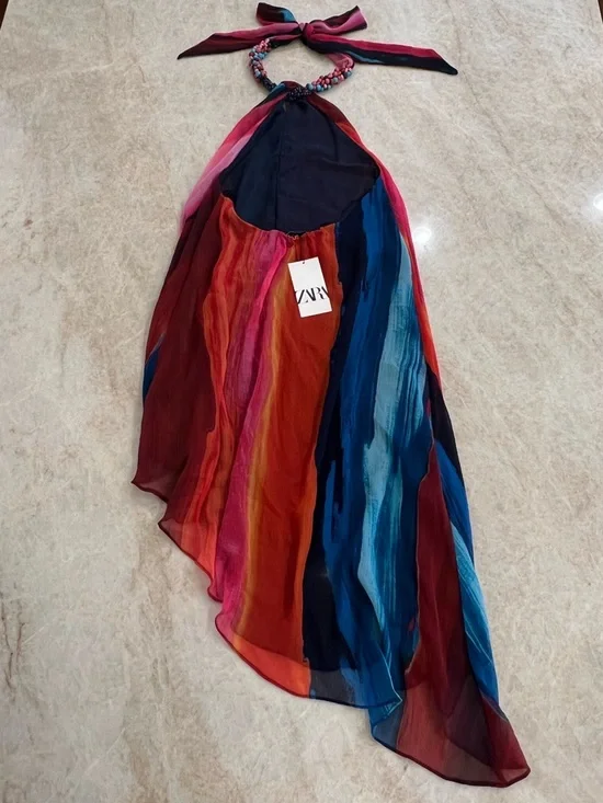 Zara Women Multicolor Beaded Halter Dress, beach summer vacation dress - Picture 5 of 9